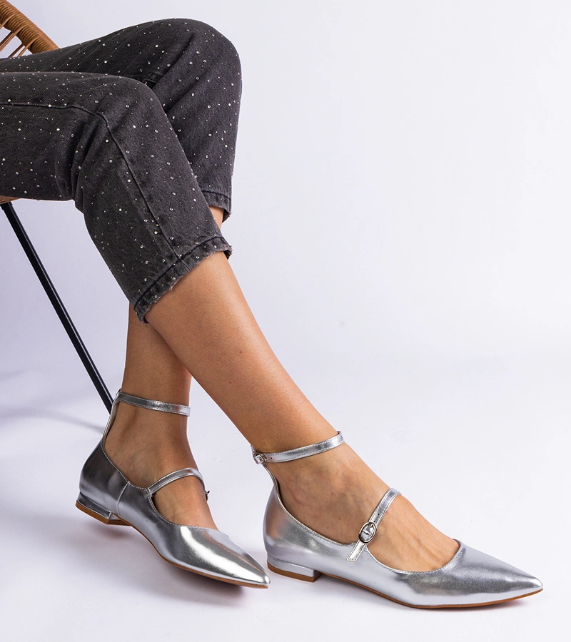 Silberne flache Pumps mit Schnallen Ewerida
