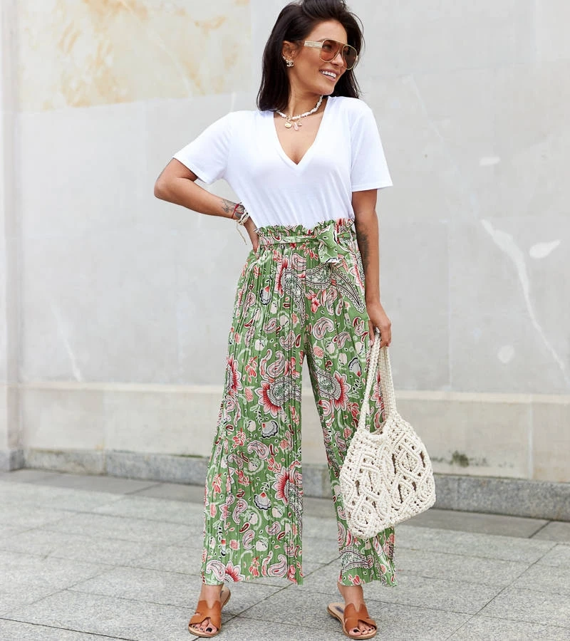 Grüne Damen weite plissierte Sanaa-Hosen