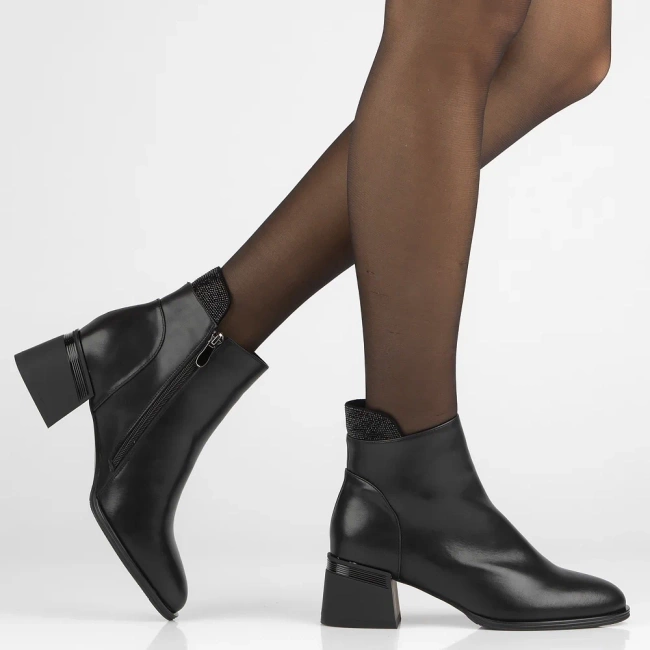 Schwarze Stiefeletten mit Blockabsatz aus echtem Leder mit Strass Jean