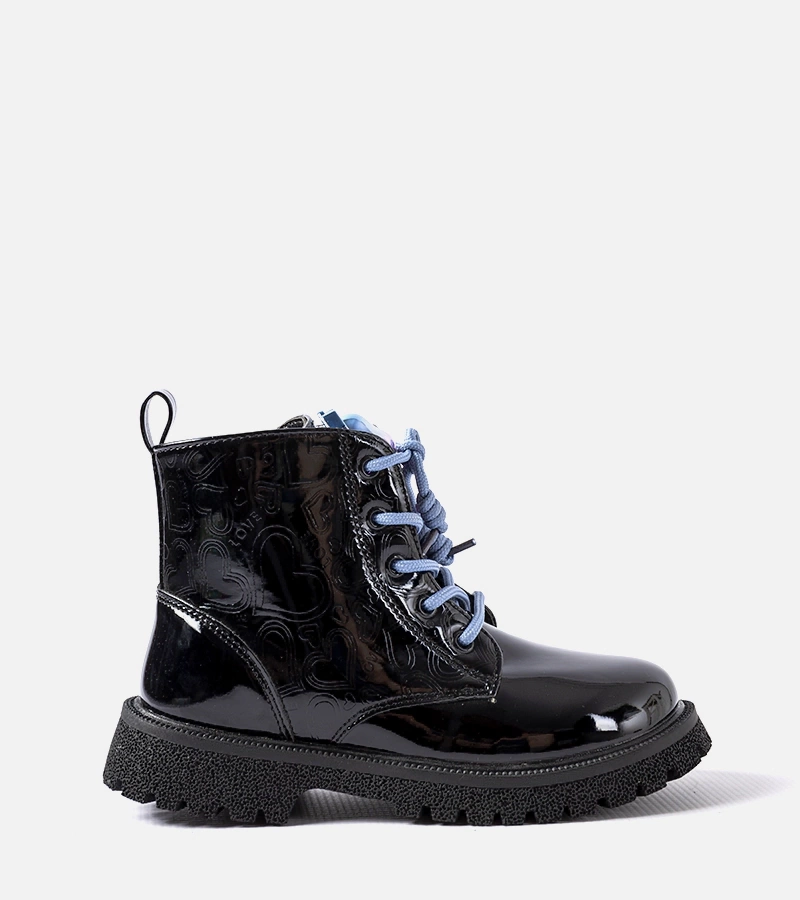 Schwarze lackierte Stiefeletten mit Orso Bär