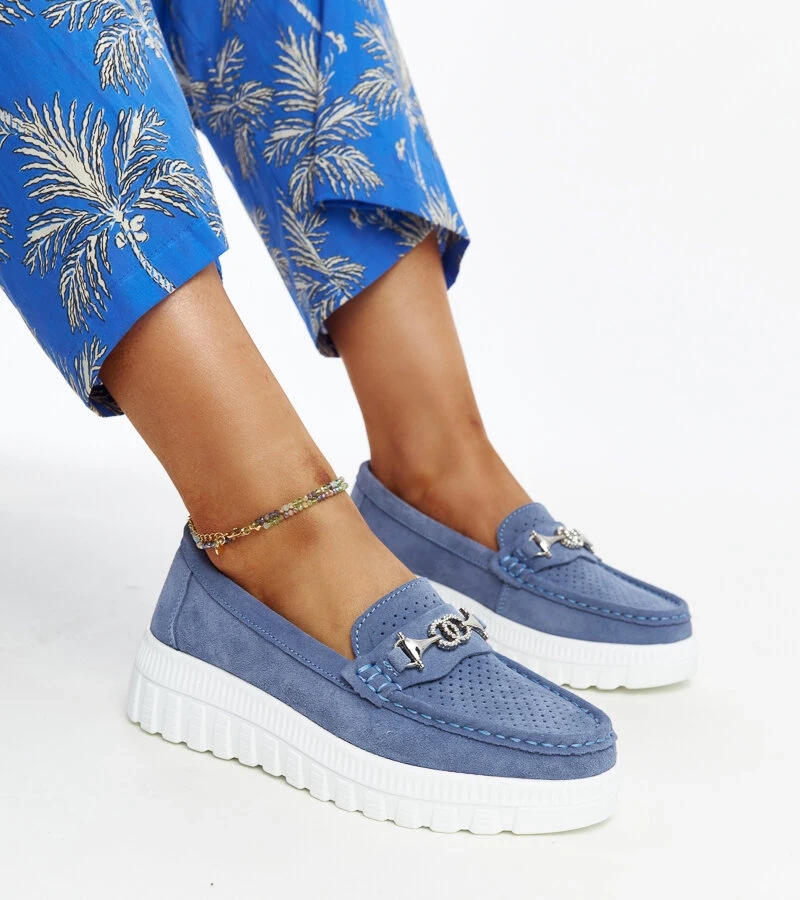 Blaue Leder-Halbschuhe mit dekorativer Schnalle Taija