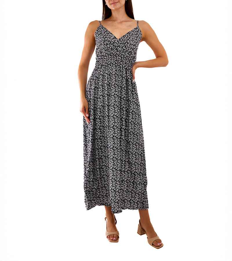 Schwarzes Maxikleid mit Blumenmuster Esperia 6905 BLACK