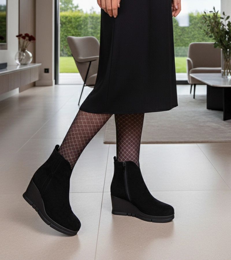 Schwarze Keilabsatz-Stiefeletten aus Kunstvelours Adala