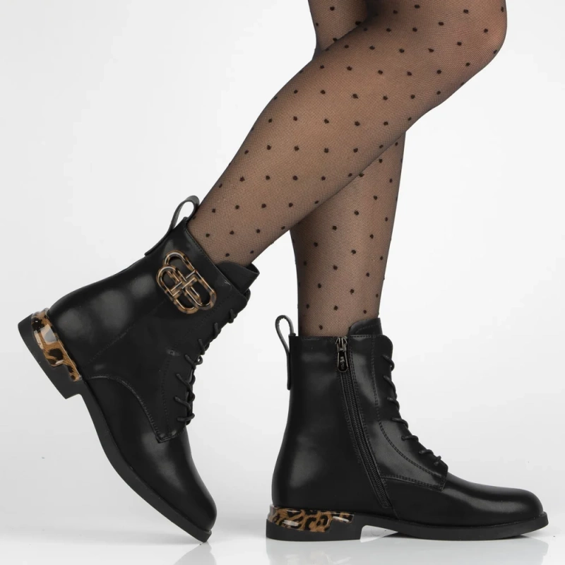 Schwarze Stiefeletten aus Echtleder mit Leopardenmuster Ricka