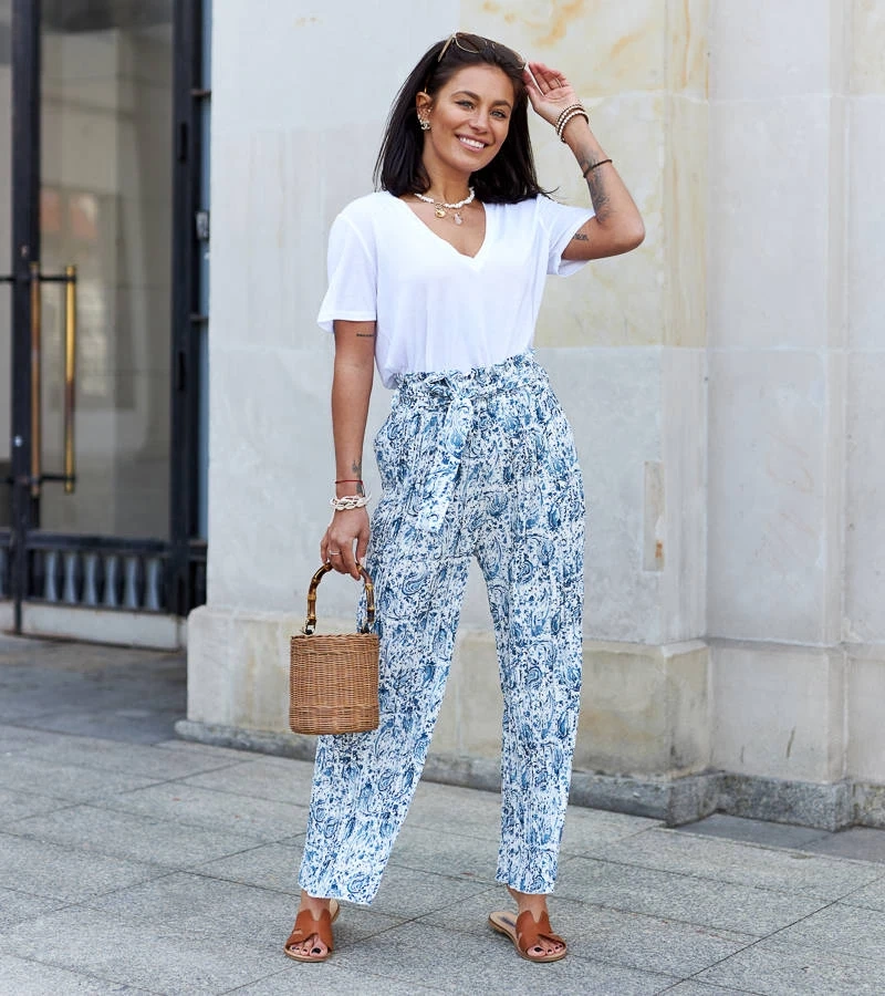 Weiß-blaue Damen weite Plissee-Hosen Latifa