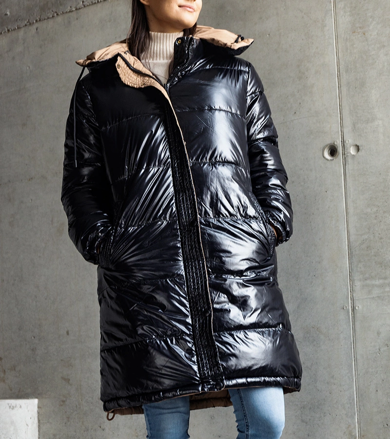 Schwarz-braune, beidseitig tragbare, lange Jacke Cesario