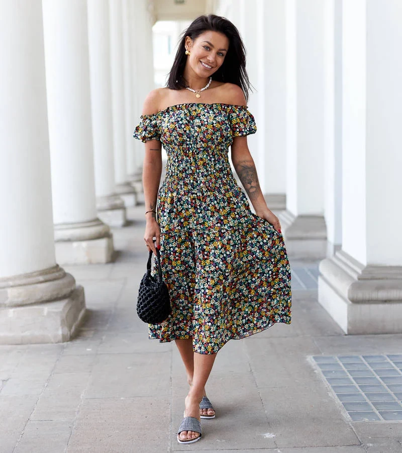 Schwarzes Midi-Kleid mit Rosanna-Blumenmuster