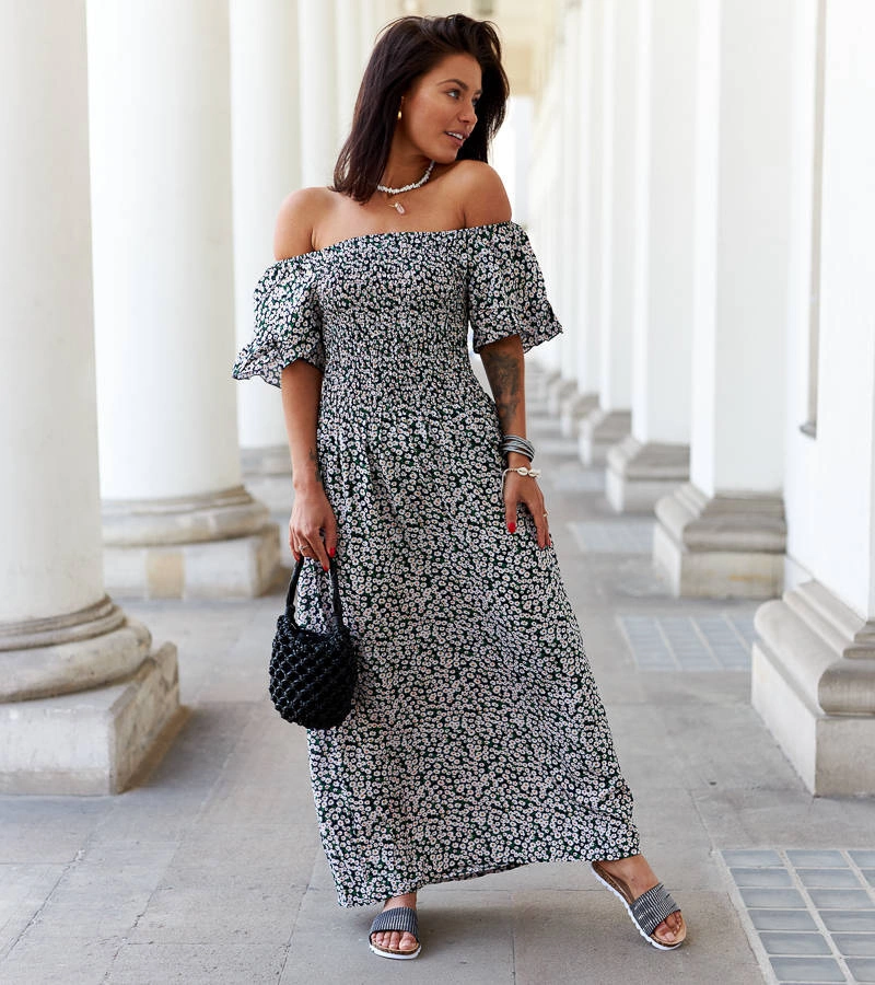 Schwarzes Midi-Kleid mit Blumenmuster von Lioba