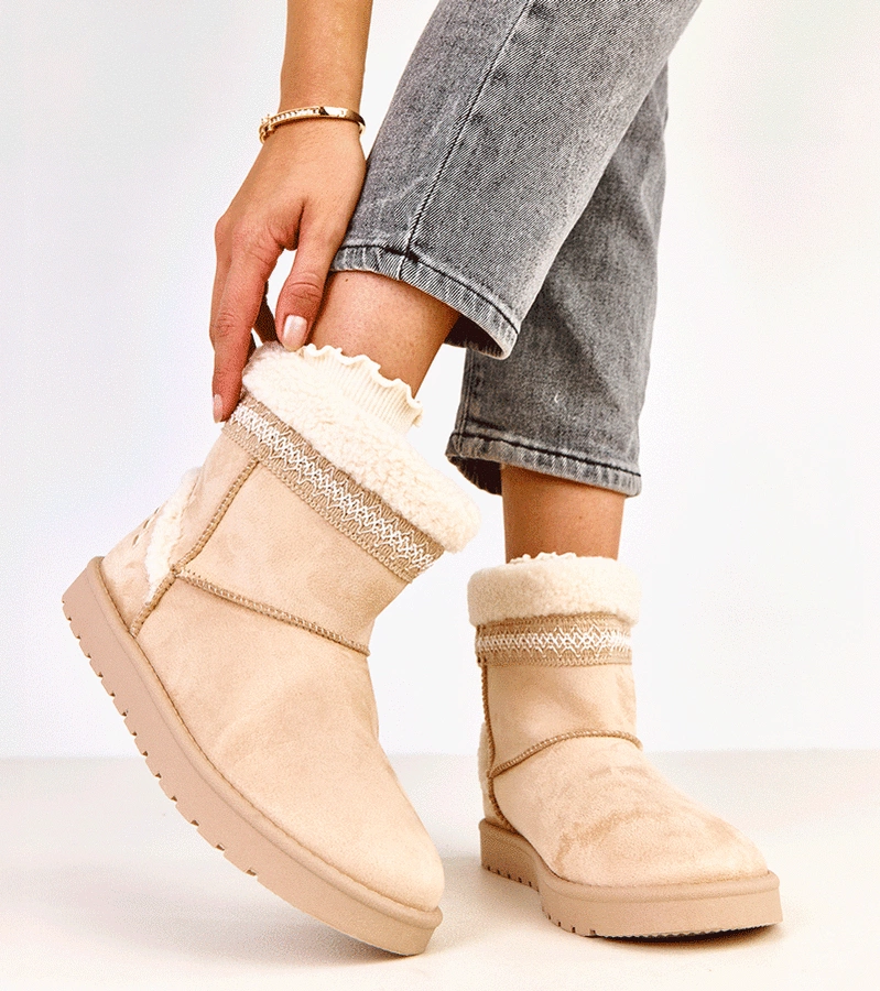 Beige niedrige Schneestiefel verziert mit Stickerei Sensila