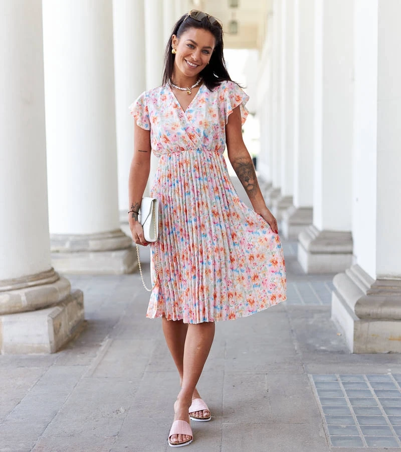 Rosa Ottavio Kleid mit Blumenfalten