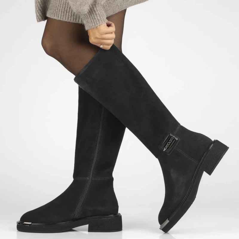 Graphitfarbene Stiefel aus echtem Wildleder mit dekorativer Spitze Charlie