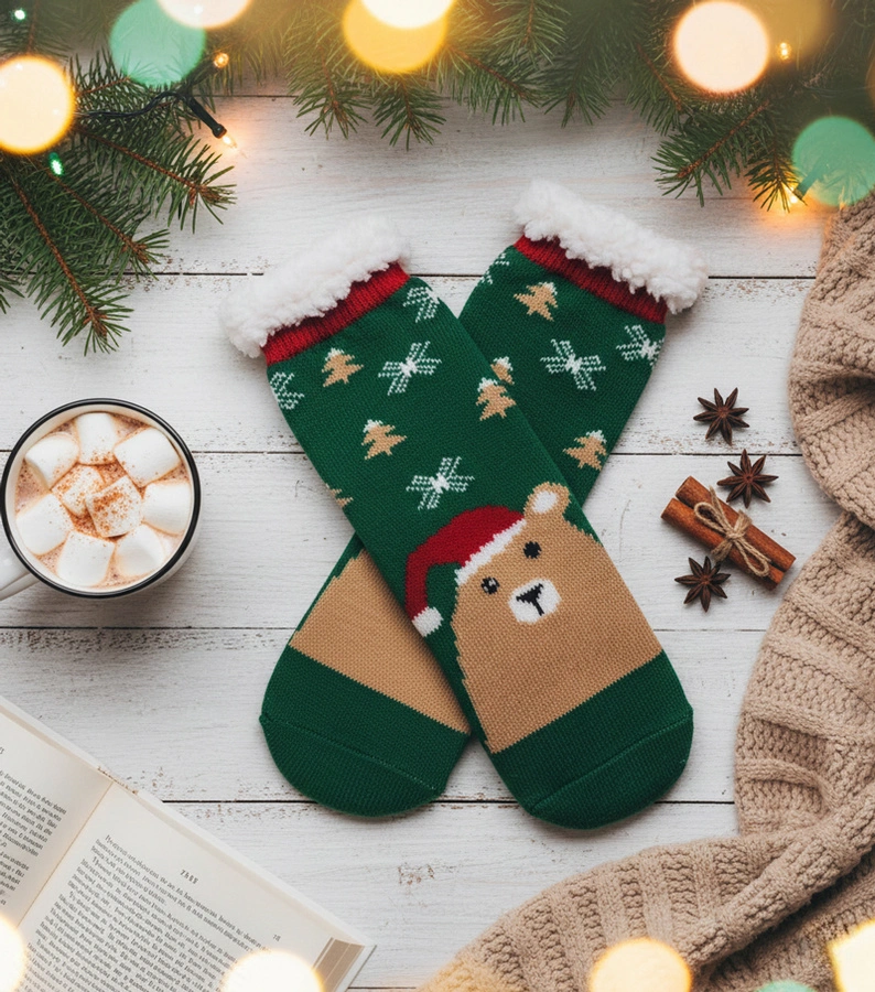 Grüne, gefütterte Socken mit Challi-Bär