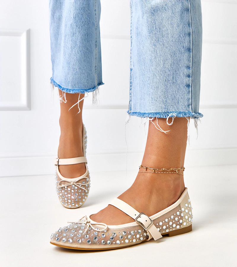 Beige Netz-Ballerinas mit Kristallen Elasida