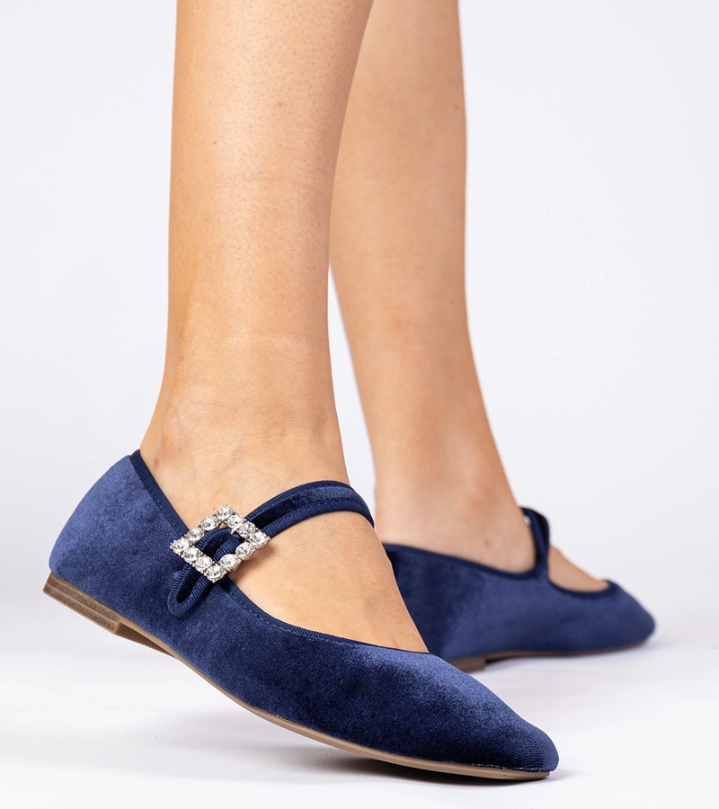 Dunkelblaue Damen-Ballerinas aus Velours mit Schnalle Kvitta
