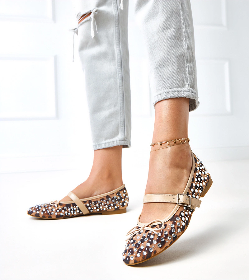 Elasida Netz-Ballerinas mit Leopardenmuster und Kristallen