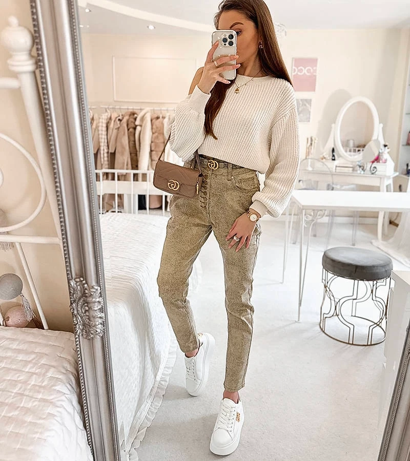 Beige Eglantine Slim-Hose mit hoher Taille