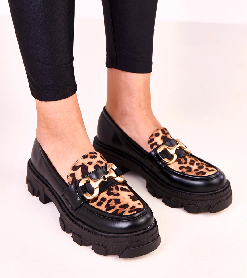 Schwarze Mokassins mit Leopardenakzent und goldener Verzierung Ruben