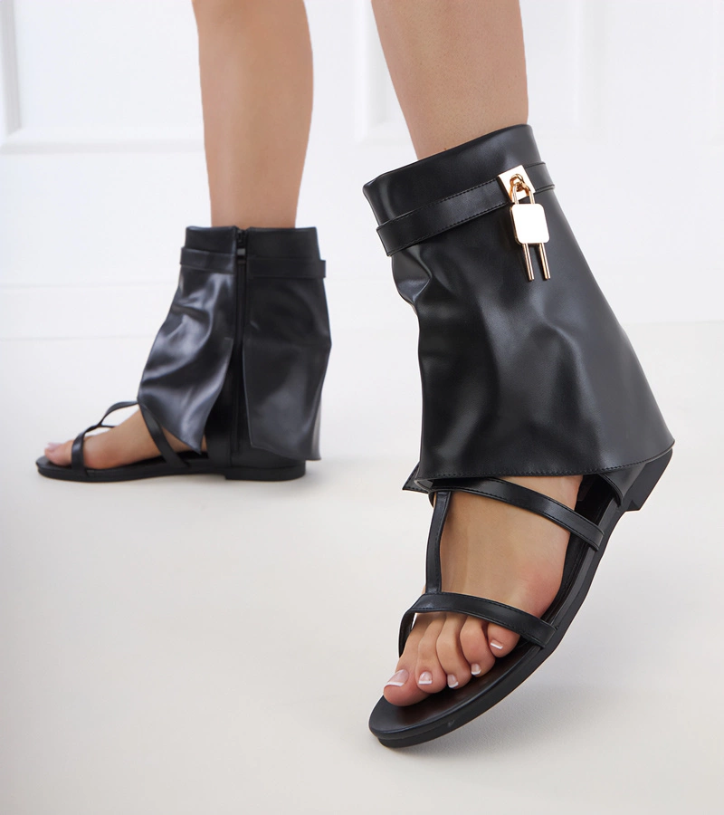 Schwarze flache Sandalen mit Schaft Serida