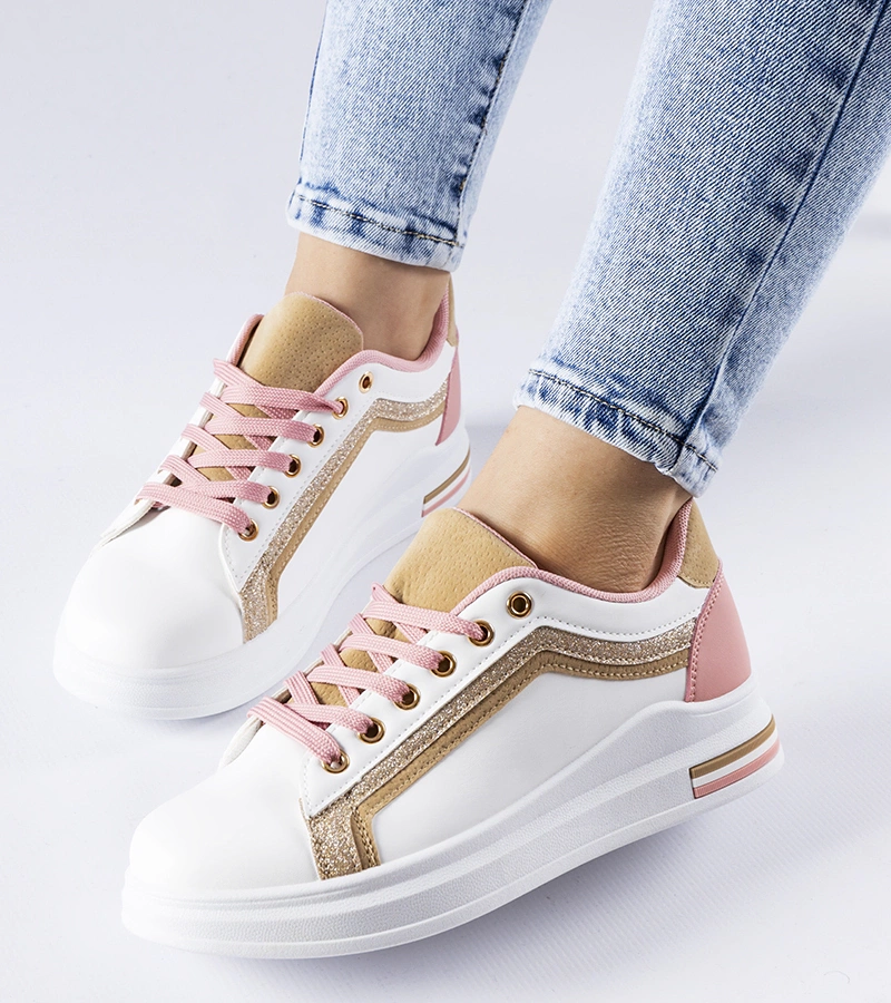 Weiß-rosa Mayfield Plattform-Sneakers mit goldenen Elementen
