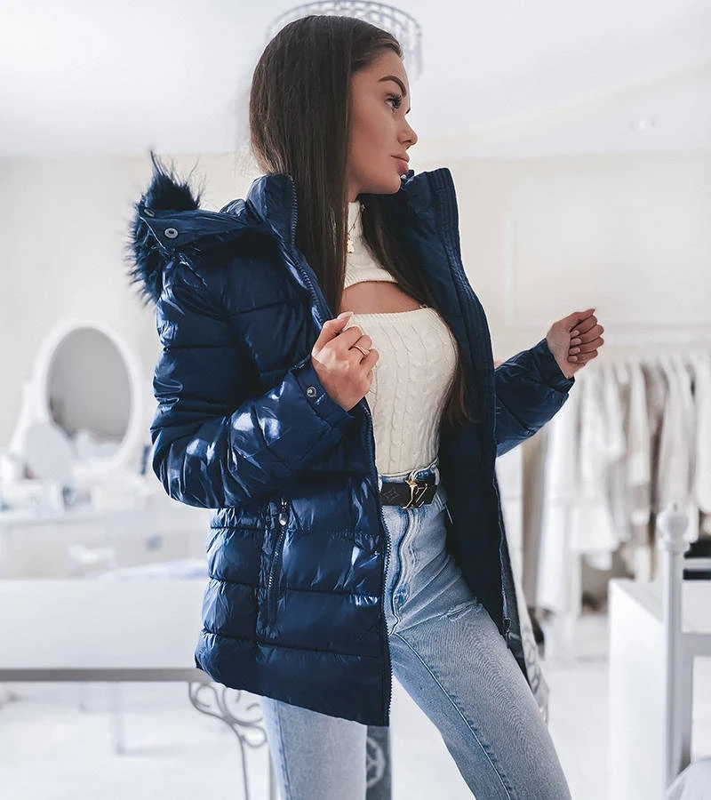 Blaue Jacke mit Pelzkapuze Poisson