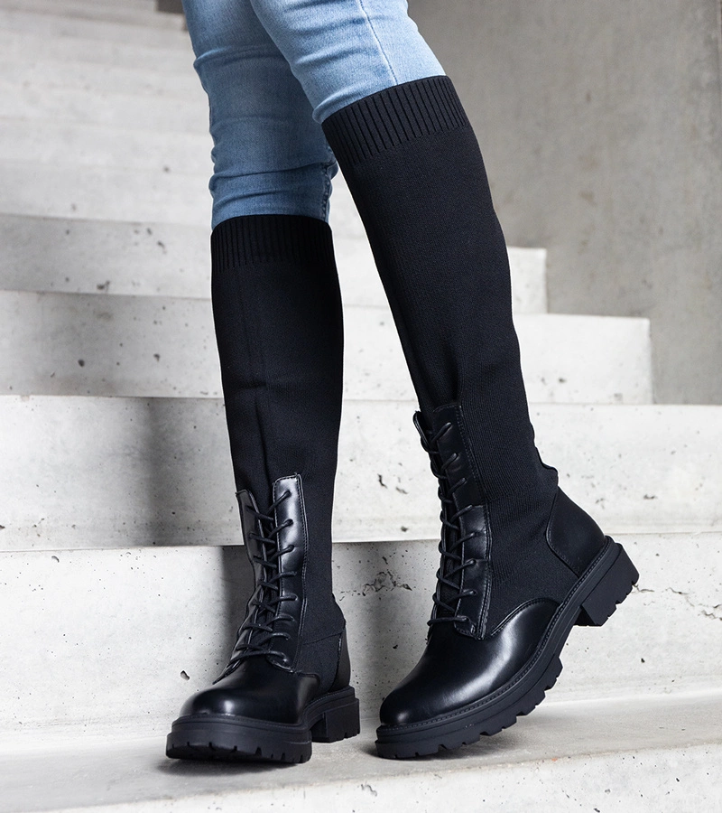Schwarze Stiefel mit elastischem Stoffschaft Luana