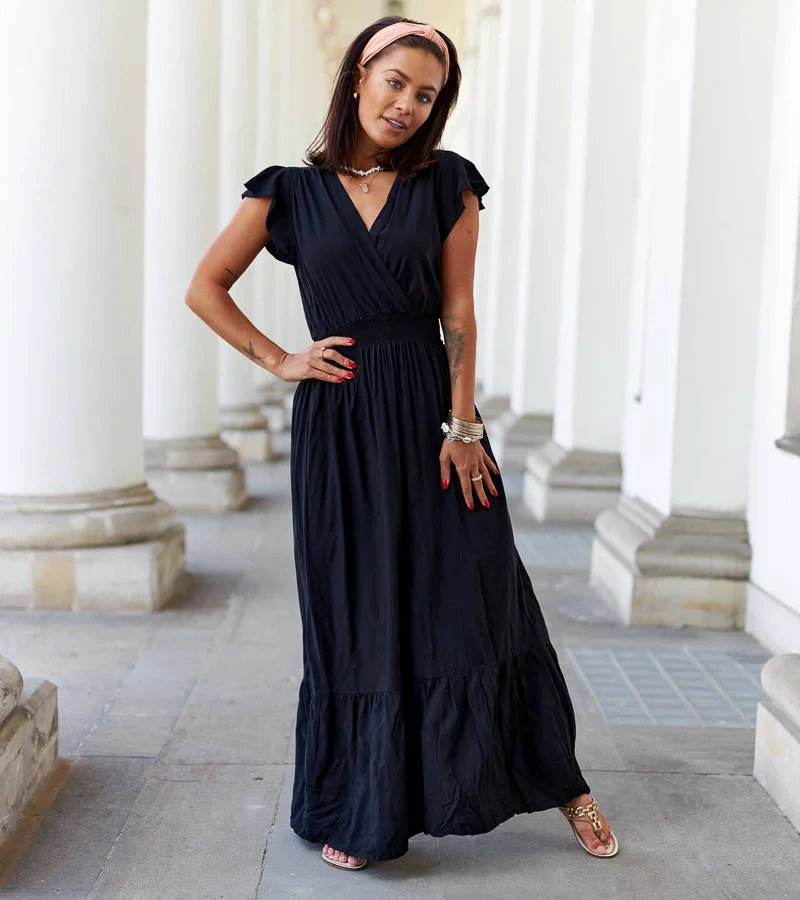 Schwarzes Chiusa Maxikleid mit Raffungen