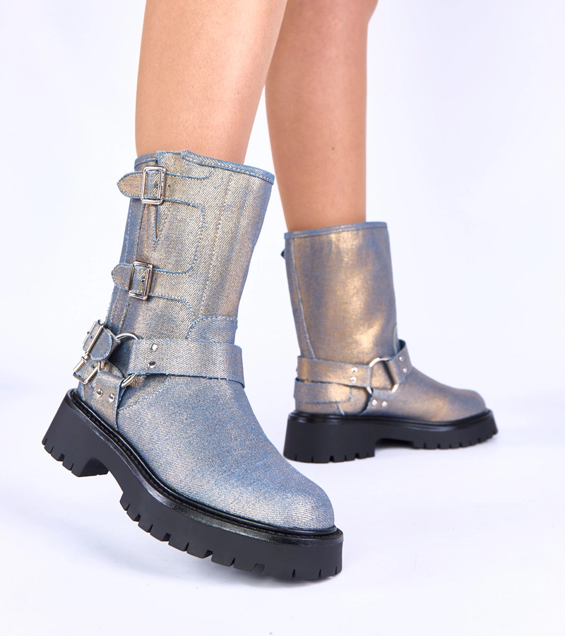 Blaue Stiefeletten mit Schnallen mit goldenem Schimmer Cara