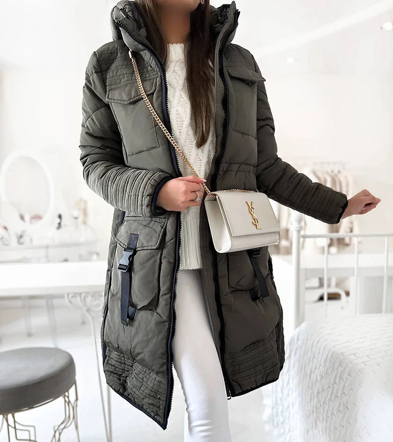 GEFÜTTERTE DAMENJACKE WINTERJACKE MIT KAPUZE TASCHEN BH-1840 SCHWARZ