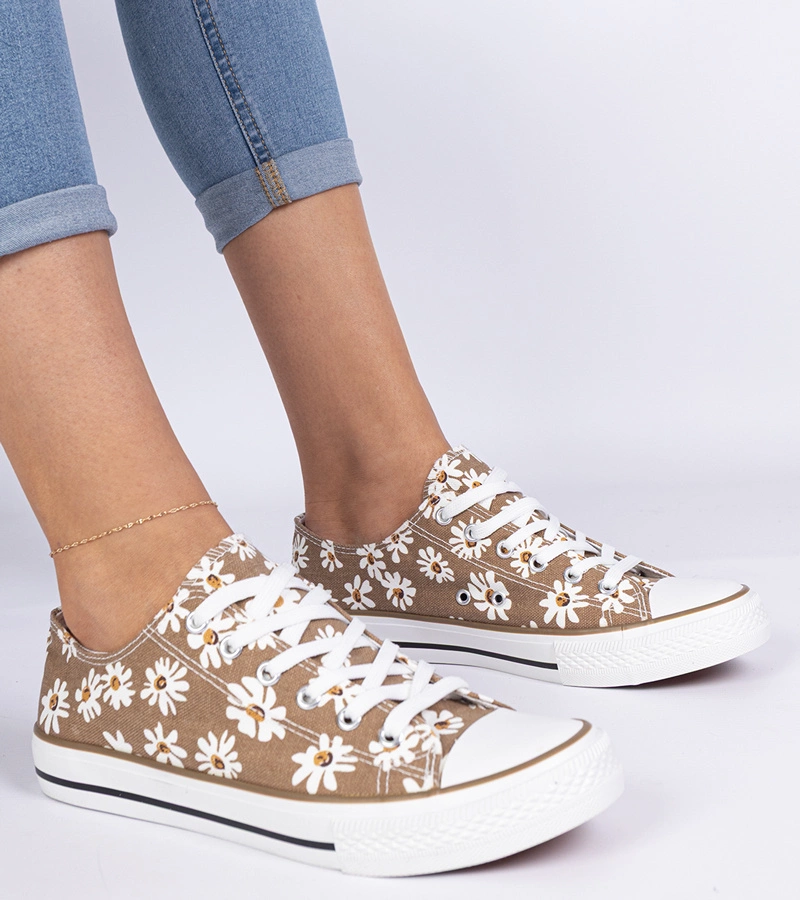Braune Damenstoffturnschuhe mit Blümchen Lazates