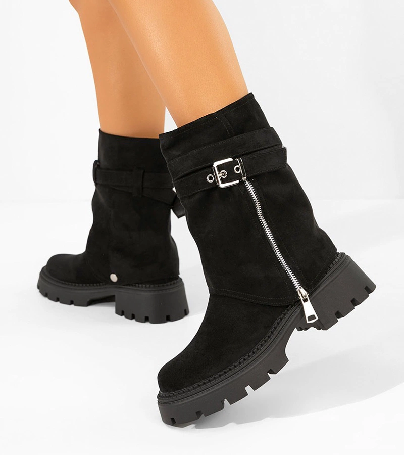 Schwarze Stiefeletten mit abnehmbarem Schaft mit dekorativem Reißverschluss Edna