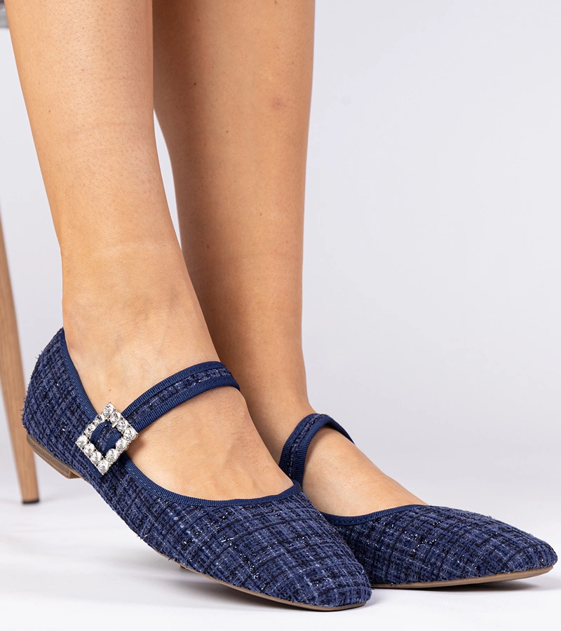 Dunkelblaue Damen-Ballerinas mit Schnalle und Kristallen Piona