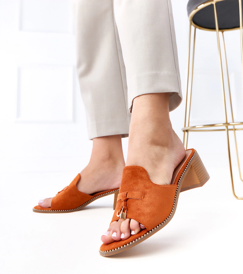 Braune Pantoletten mit Absatz und Verzierung am Riemen Gariend