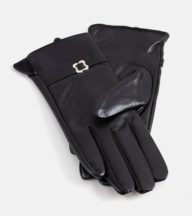 Schwarze, gefütterte Handschuhe mit Clouti-Klammer