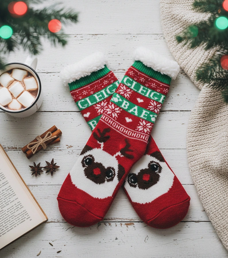 Rote, gefütterte Socken mit dem Hündchen Challi