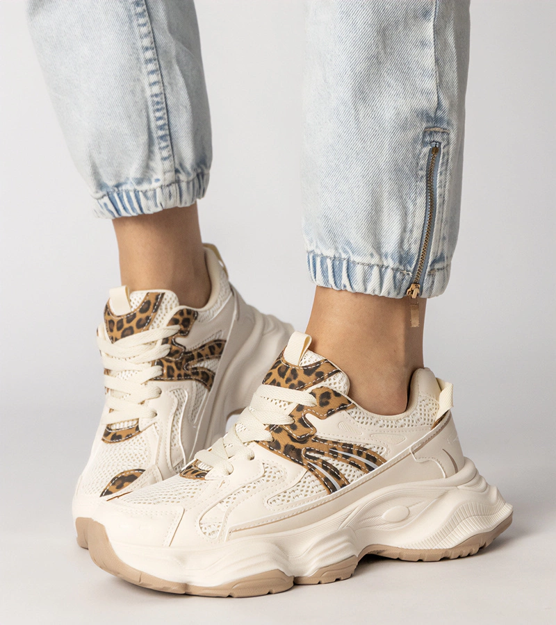 Beige Damen-Sneaker mit sportlichem Leopardenmuster-Einsatz Sandra