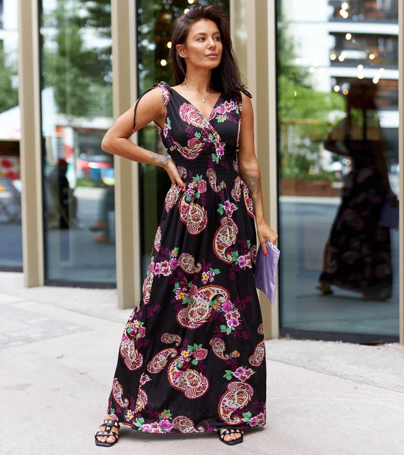 Schwarzes gemustertes Maxikleid Bagnaturo