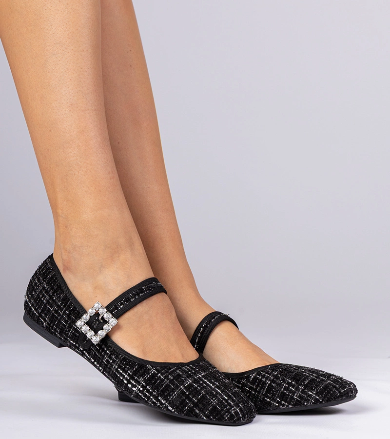 Schwarze Damen-Ballerinas mit Schnalle und Kristallen Piona