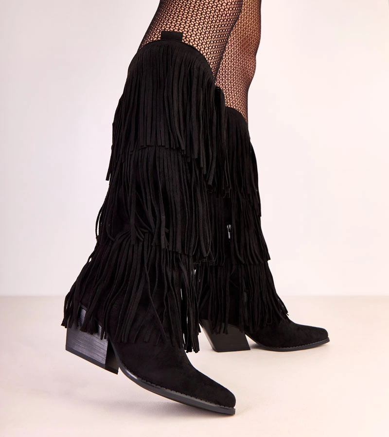 Schwarze Cowboy-Stiefel mit Fransen Ivia