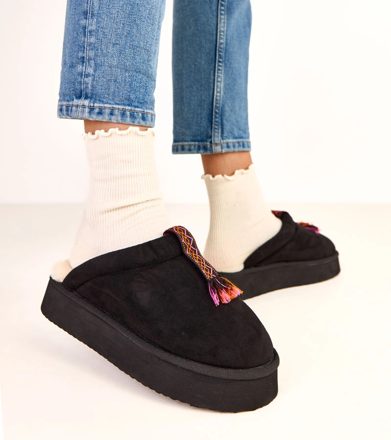 Schwarze Hausschuhe mit bunter Einlage Sarah