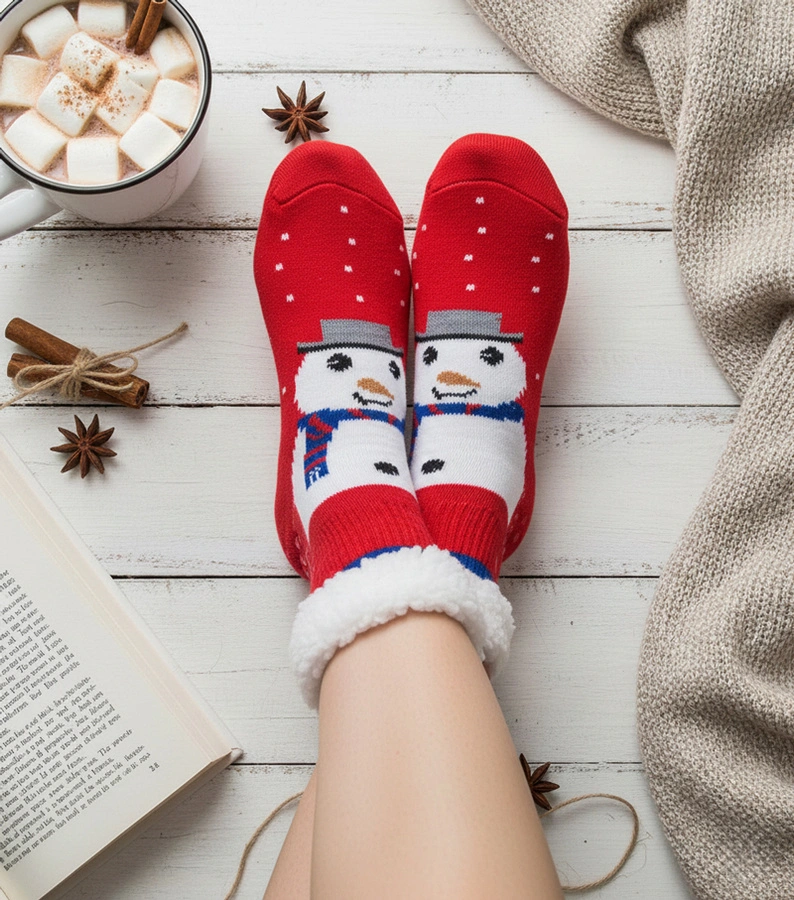 Rote, gefütterte Socken mit Schneemann Challi