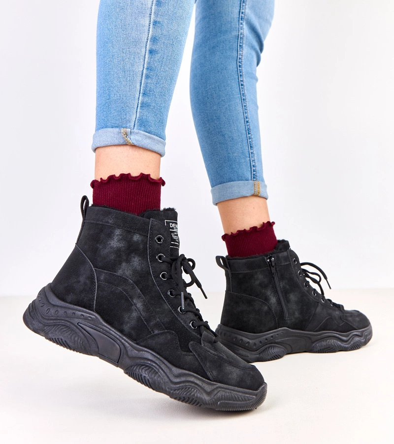 Schwarze Öko-Wildleder-Schnürstiefel mit Fell Chakles