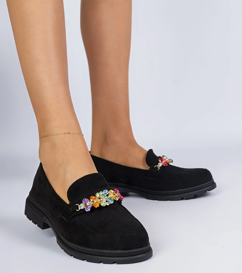 Schwarze Damenmokassins verziert mit Steinen Liliana